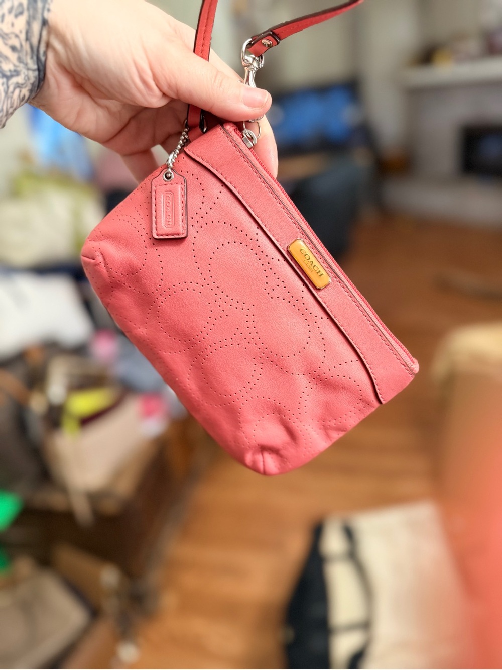 Coach Coral Perforated Leather Wristlet with Detachable Strap